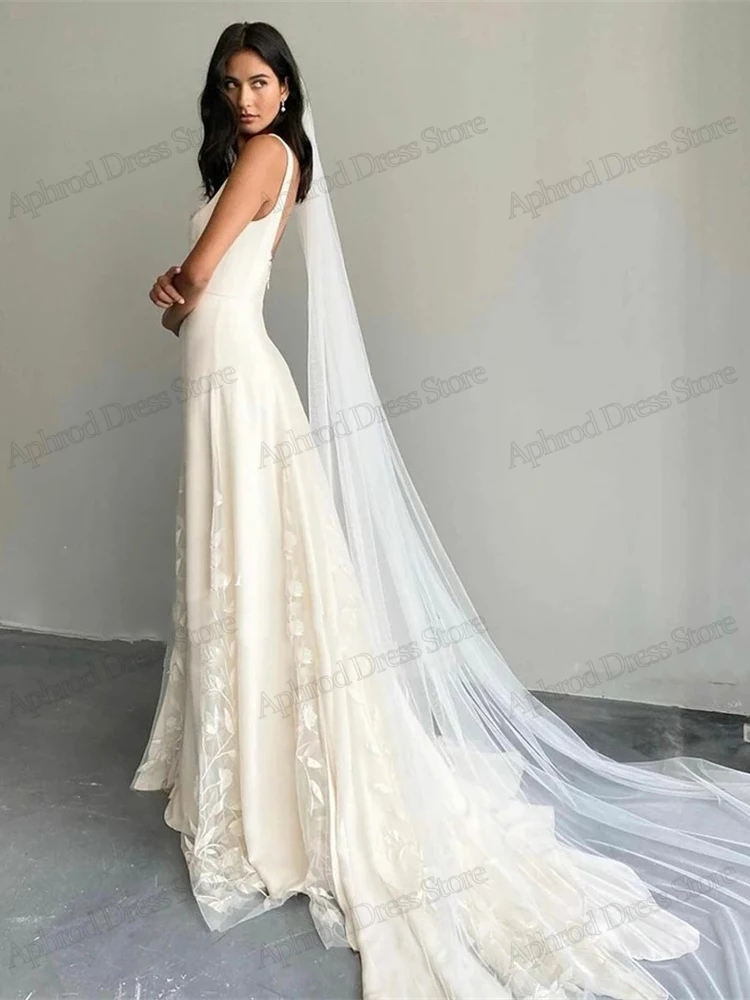 Vestidos De Novia elegantes De satén, Vestidos De Novia De línea a, Apliques De encaje, batas De cuello cuadrado para fiesta Formal, Vestidos elegantes De Novia