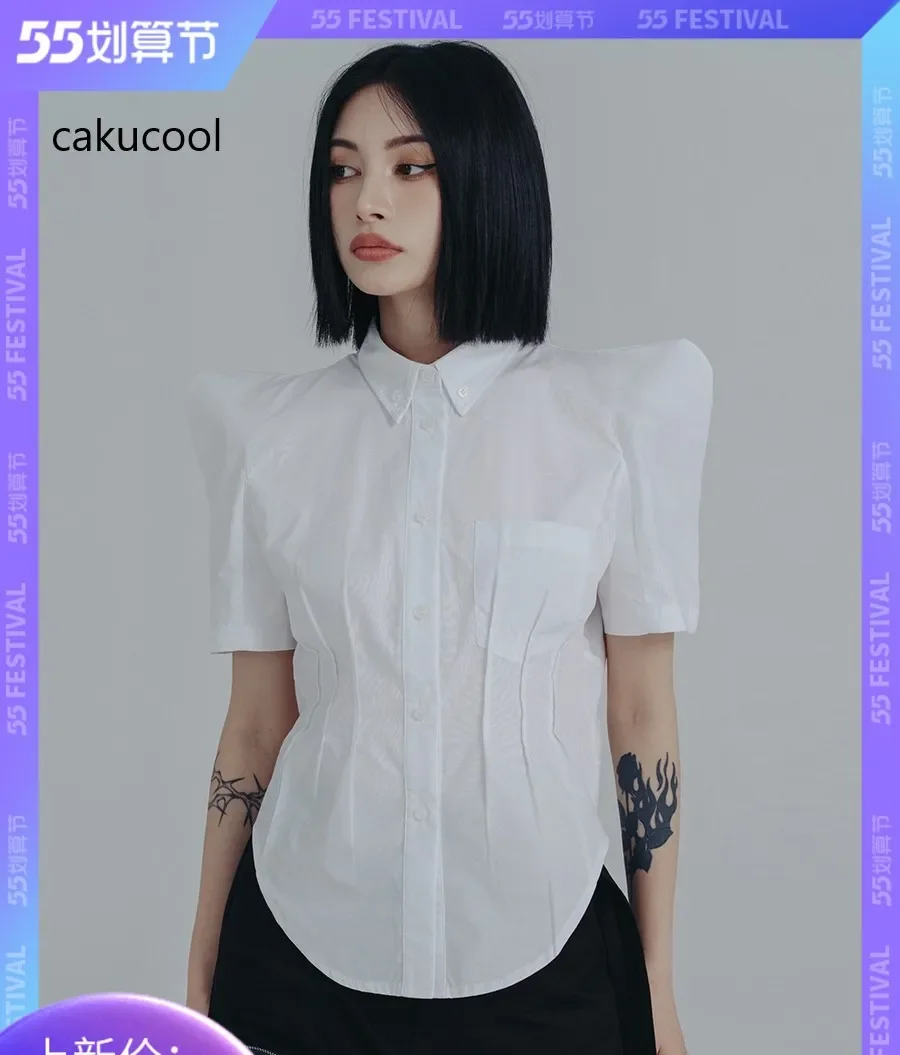 

Cakucool New Simple White Blouse Shrug Shoulder Slim Waist Short Sleeve Shirt T-shirt Normcore Designer Women Blouses Summer Top