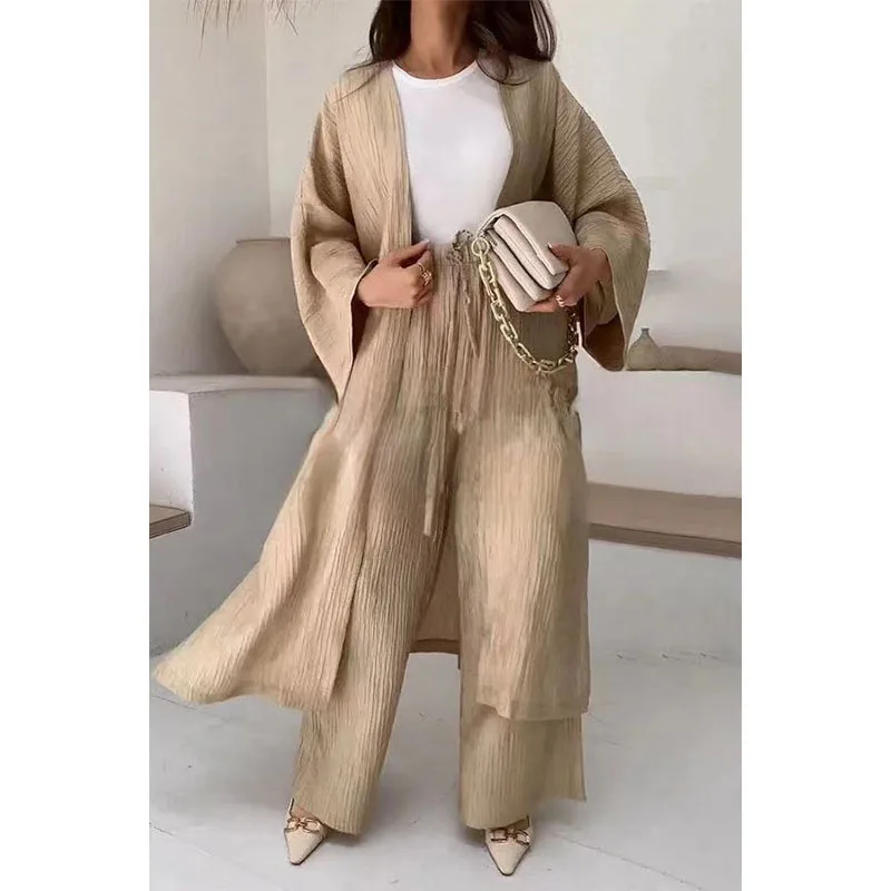 

Женский длинный кардиган и брюки, элегантный костюм из двух предметов с текстурой морщин, длинное пальто и брюки с широкими штанинами, комплект из двух предметов