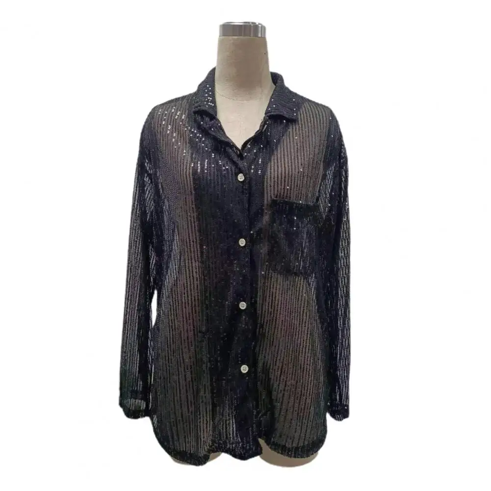 Sequin Date Night Shirt Sequin Lapel Cardigan for Women Shiny Performance Club Party Top Soft Loose Solid Color Shirt