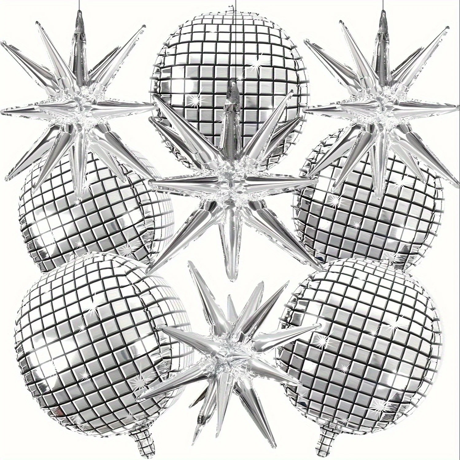 9 Stück große 4D-Luftballons aus metallischer silbriger Disco-Aluminiumfolie, explodierende Stern-Disco-Thema-Party-Dekorationen, Geburtstagsparty-Zubehör