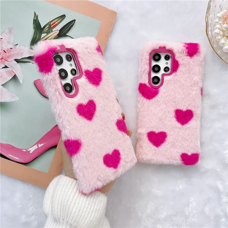Cute Rosered heart Pink Fluffy Fur Case for Google Pixel 7A 8A