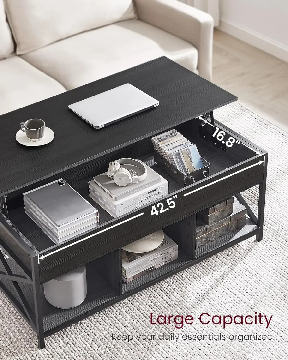 Lift Top Coffee Table, Lift Coffee Table with Storage Shelf for Living Room, OfficeBlack with Wood Grain 3
