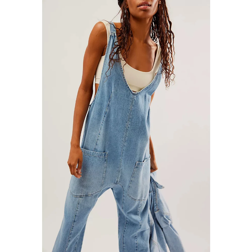 Jean Jumpsuits Women Summer Fashion Sleeless Pockets Denim Rompers for Women