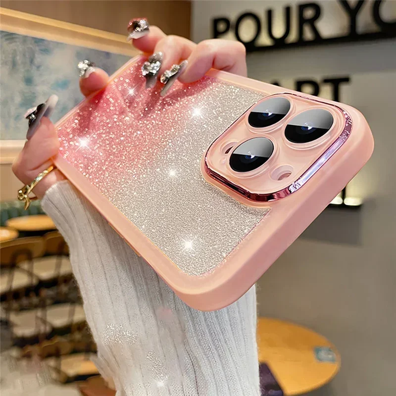 Glitter Gradient Soft Silicone Shockproof Phone Case with Lens Protector