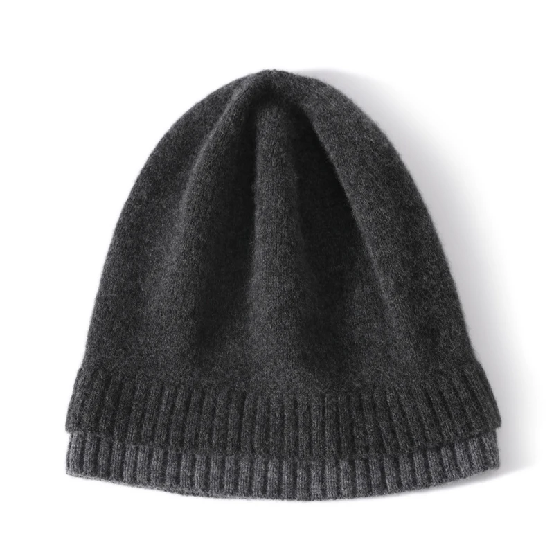 100%Wool Women Knitted Beanies Autumn Winter Warm Soft Cozy Cashmere Hats Fashion 2 Layer Hem Bonnet Outdoor Ski Skullies Cap 4