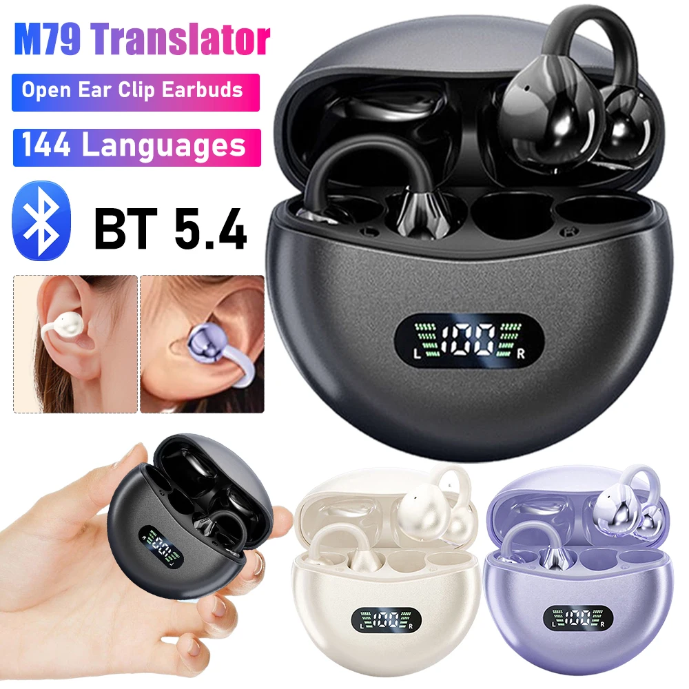 M79 AI Translator Earbuds Language Translation Earphones Real-Time Translation Noise Cancelling BT 5.4 Open Ear Clip Earbuds