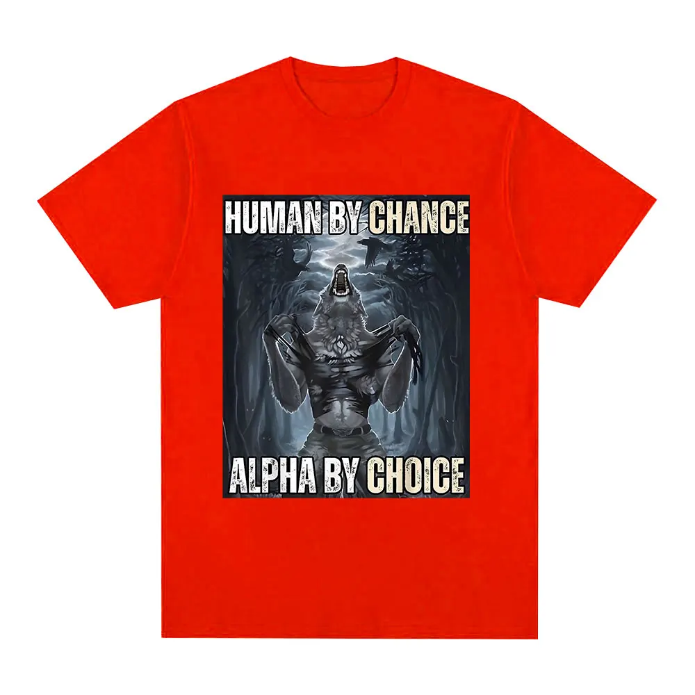 thumbnail image 1 of Camisetas de manga corta para hombre, ropa de calle de gran tamaño, divertida, de algodón, informal, Vintage, de Human By Chance, Alpha By Choice Wolf, 1 of 5