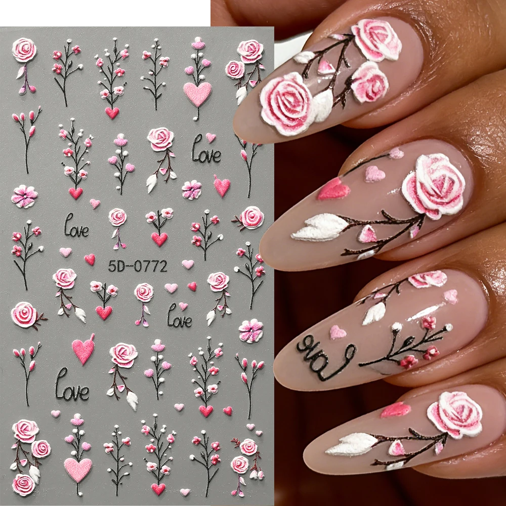 4개입 엠보싱 데이지 스프링 네일 스티커 세트 5D 오렌지 핑크 5잎 꽃 네일 아트 데칼 셀프 접착 귀여운 매니큐어 슬라이더