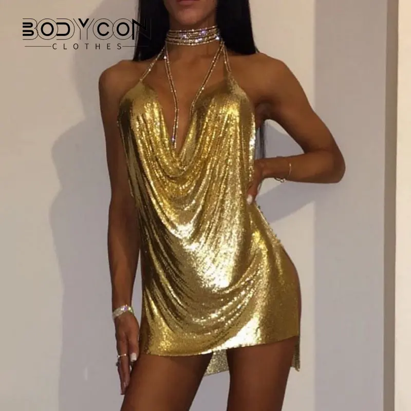 

Sexy Gold Sequined Patchwork Mini Dress Women Sleeveless Low Cut Metal Chains Halter Slim Charming Nightclub Party Dresses