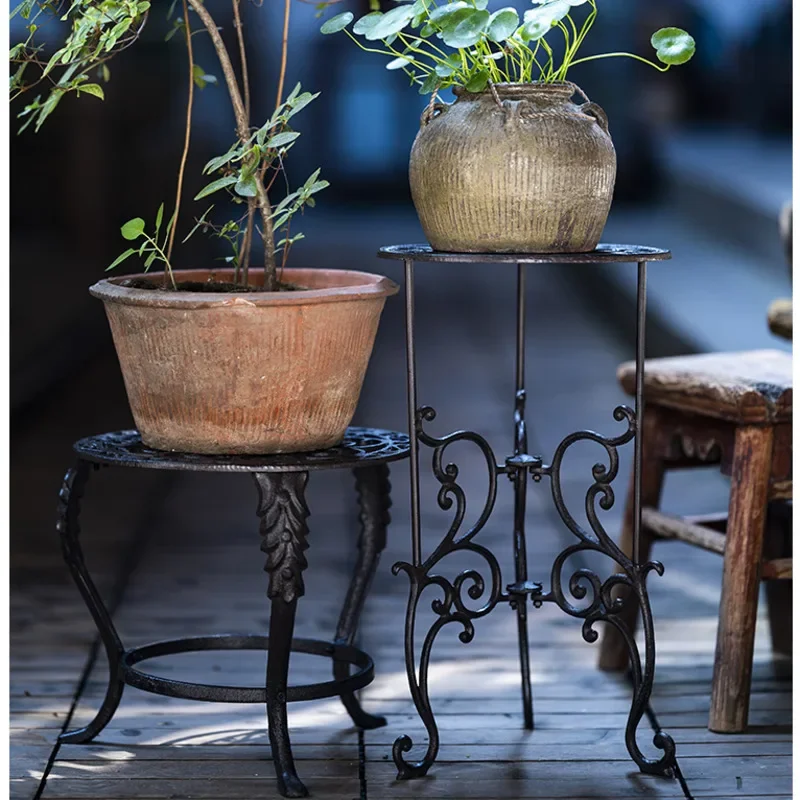 Living Room Standing Bonsai Frame 2-Layer Cast Iron Plant Shelves, Creative Balcony Flower Pot Stool Hollow Out Decorative Shelf