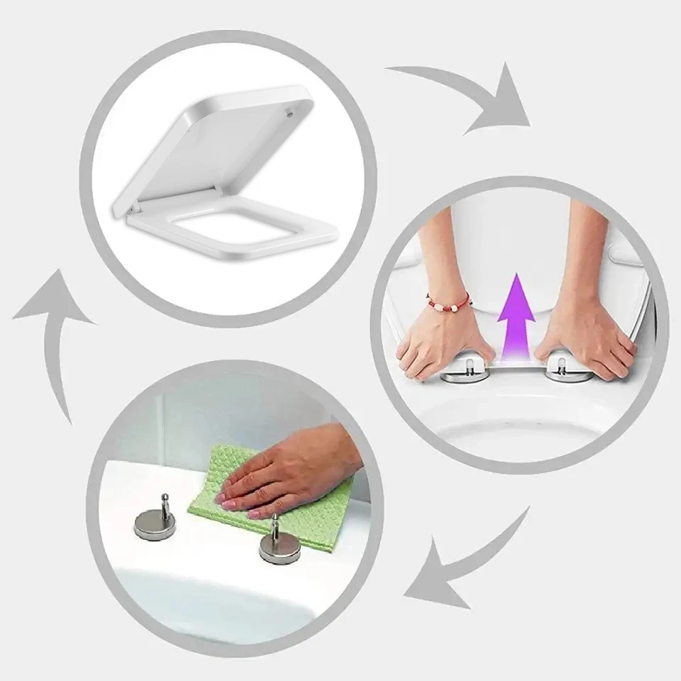 Square Toilet Seat and Cover Soft Close White Rectangular Loo Lid Quick Release Heavy Duty Easy To Clean Bathroom Lid