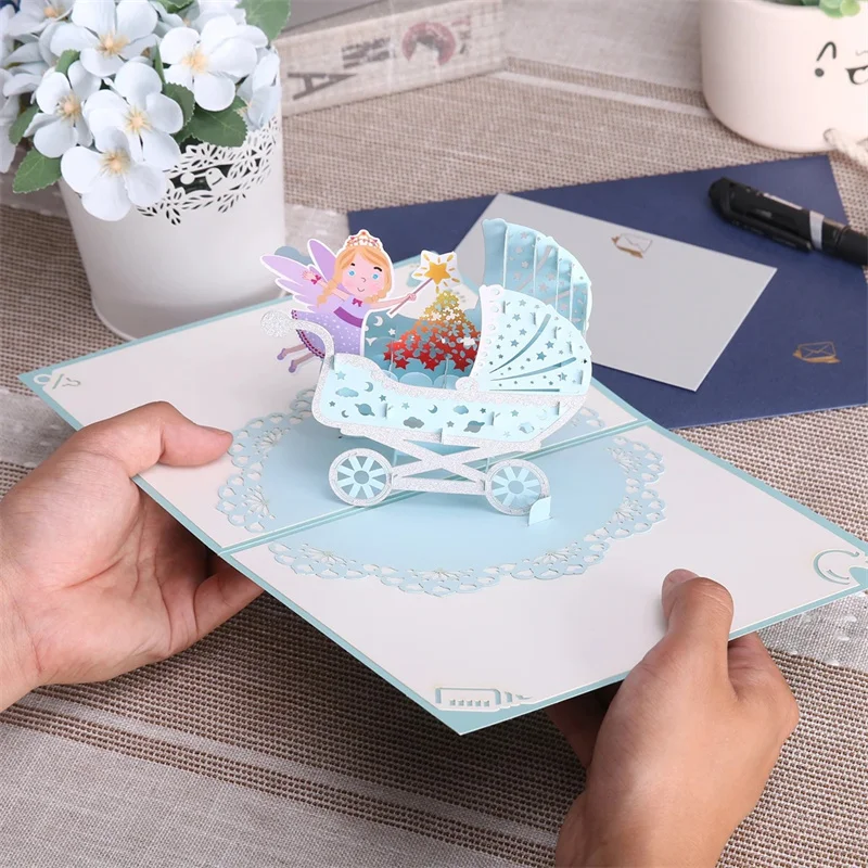 1st First Birthday Gift Card For Newborn 3D Baby Carriage Little Fairy Greeting Cards For Baby Shower Invitation Pink Blue
