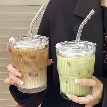 Tazza da caffè in vetro a righe da 450 ml con coperchio e cannuccia Bicchieri trasparenti Tazza da tè Bicchiere da succo Latte Tazze da moka Tazza da colazione Bicchieri 1