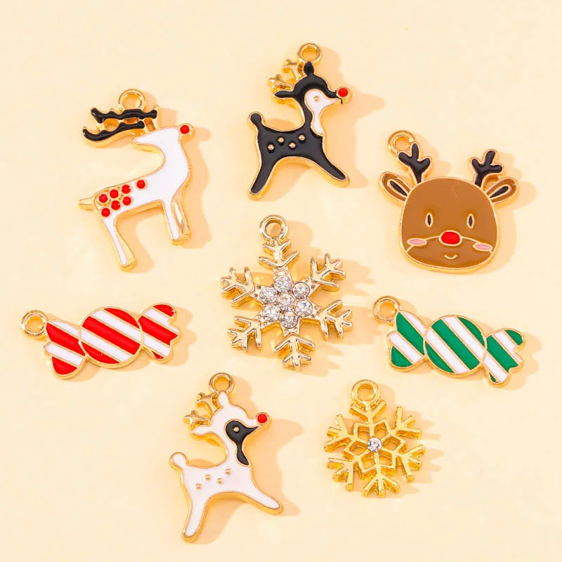 10 Stück Weihnachten Cartoon Mix Emaille Charms Weihnachten Süßigkeiten Schneeflocke Hirsch Anhänger Ohrringe Halskette DIY Schmuckherstellung dekorativ – Detail 5