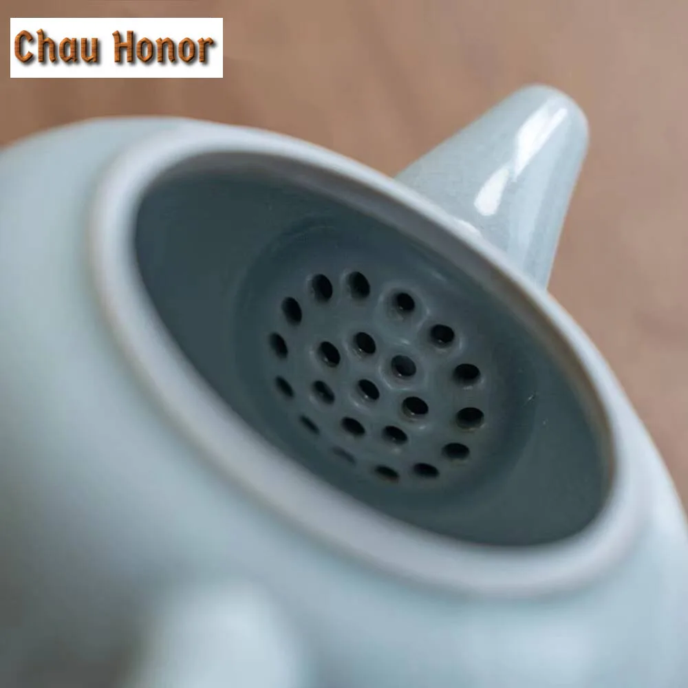 300ml Azure Ru Kiln Porcelain Teapot Antique Xishi Lifting Beam Pot Tea Brewing Kettle with Filter Tea Item Accessories Ornament