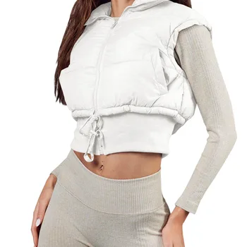 여성용 드로스트링 후드 퍼퍼 조끼, 민소매, 스탠드 칼라 크롭 다운 조끼, 집업 패딩 질렛, 주머니가 있는 겨울