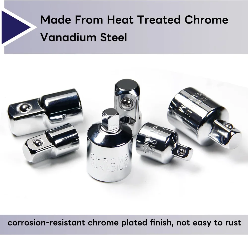 6 Pcs Socket Adapter Set 1/4" 3/8" 1/2" Chrome Vanadium Steel Ratchet/Socket Extension/Conversion Kit for Automotive