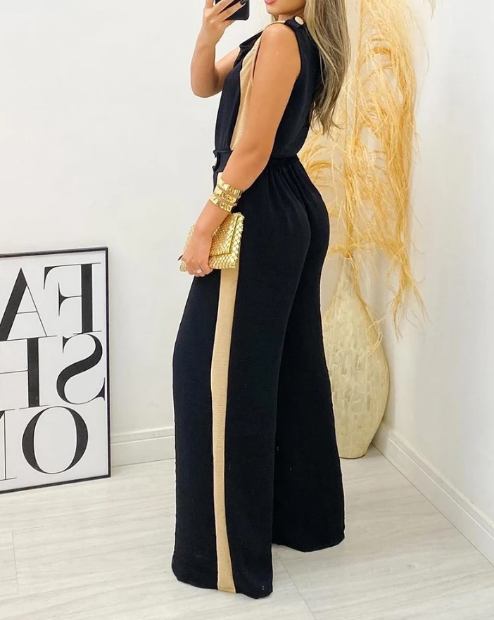 Two Piece Set Women Outfit 2024 Summer Contrast Paneled Round Neck Tank Top & Casual High Waist Daily Wide Leg Pants Set