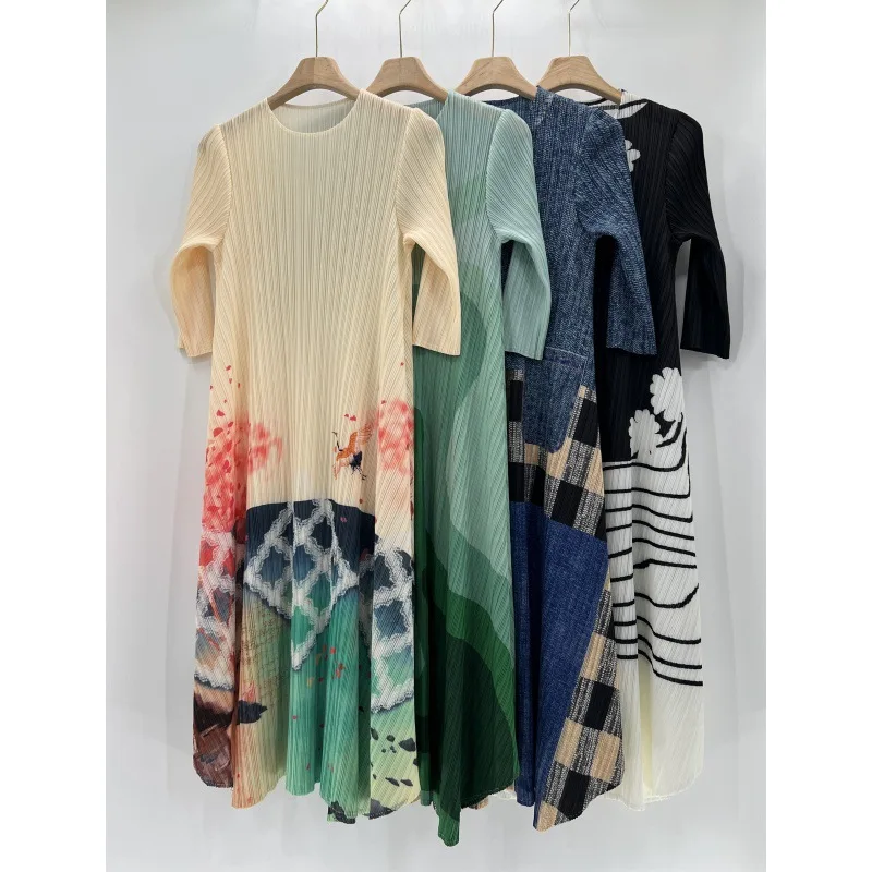 

Miyake Pleated Dress 2024 Original New Printed Round Neck Midi Sleeve Fashion Loose Large Size Womens Dresses Plus Size Clothing