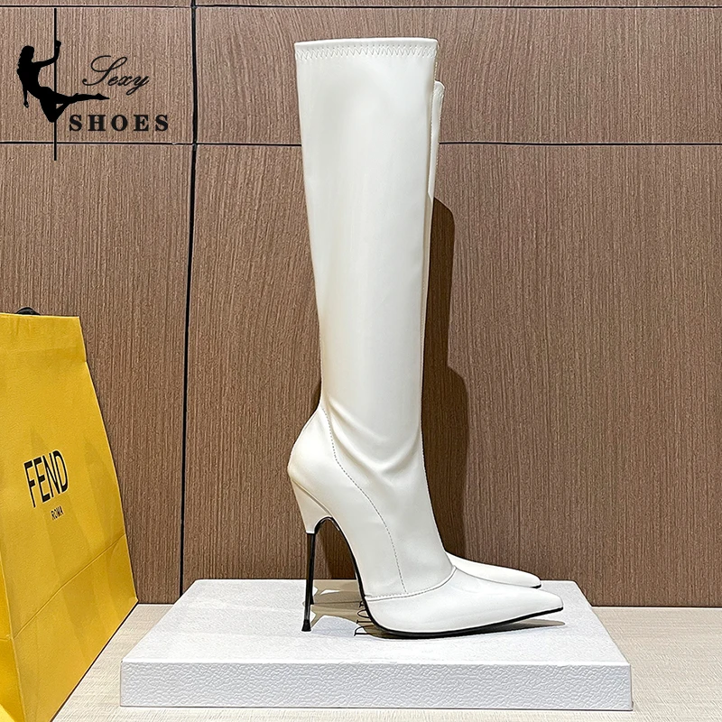 2023 Spring/Autumn Long Boots for Women Pointy Toe Thin Heels Stripper Shoes Patent Leather Zipper Brand Designer Knee-High Boot