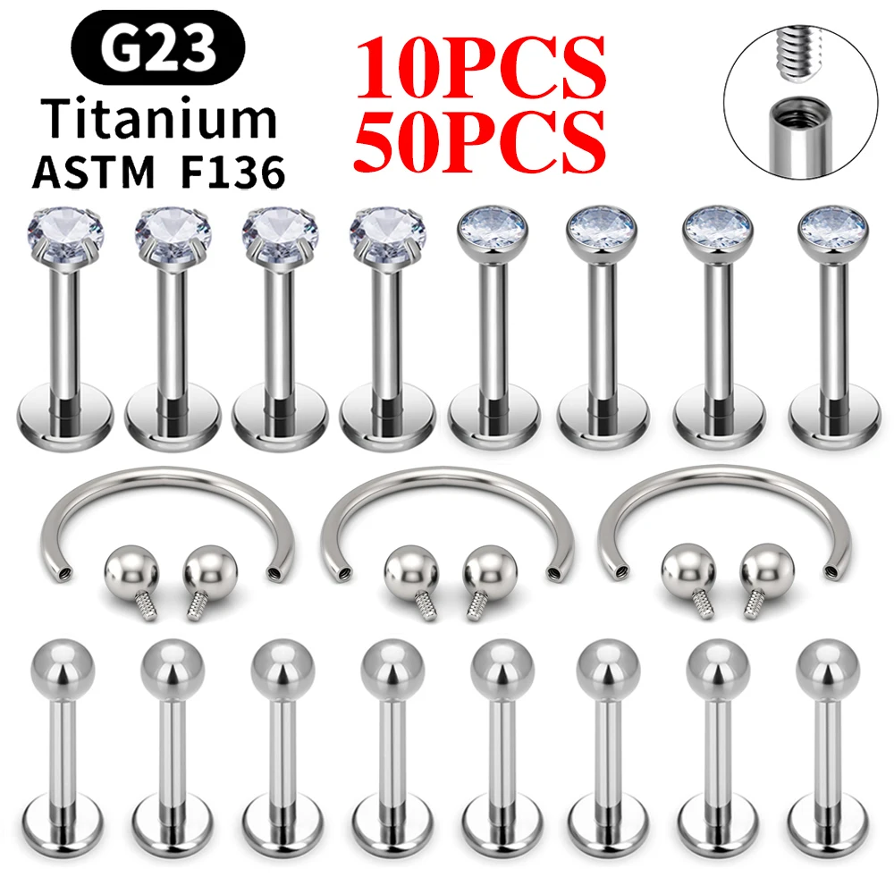 10-50PCS-G23-Titanium-Piercing-Labret-Lip-Studs-16G-CZ-Internally ...