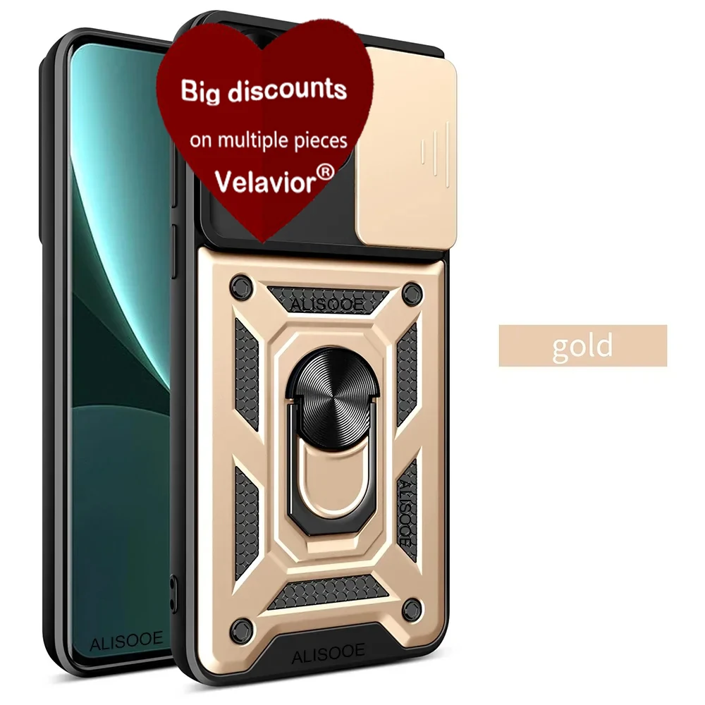 Durable Phone Case with Slide Lens Cover, Rotating Ring, and Shockproof Stand Holder
