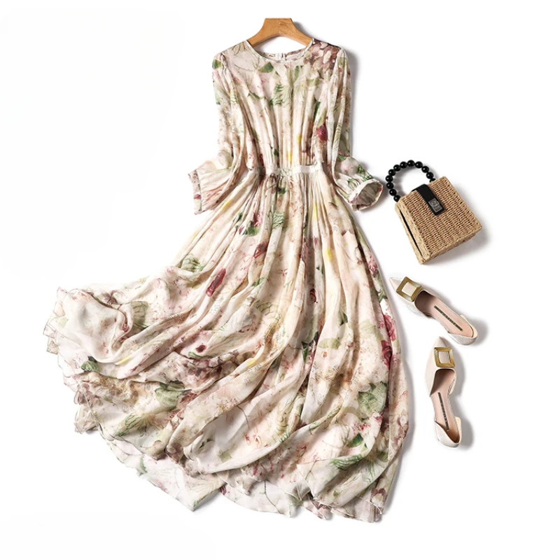 Vestidos con estampado de seda para mujer, mangas cortas de satén