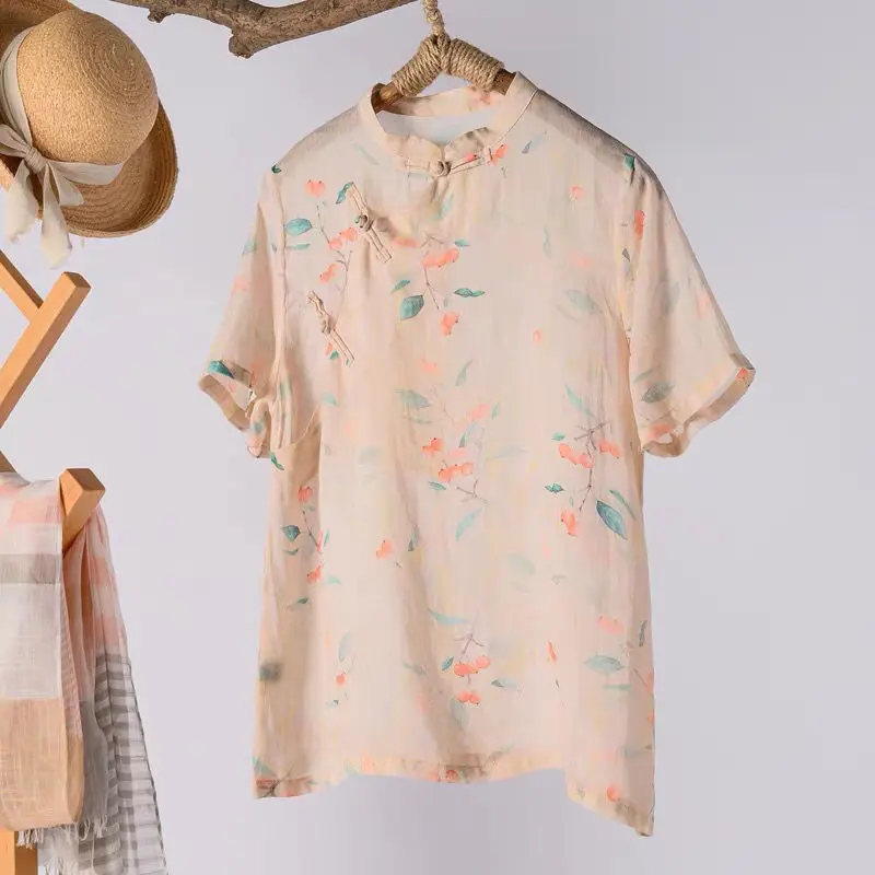 Stand Collar Retro Buckle Floral Print Cheongsam Top Women Summer Short Sleeve Vintage Chinese Style Blouses Ladies Loose Shirt