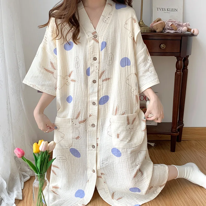 Nightdress: Summer Thin Cotton Gauze, Maternity Pajamas, Summer Pregnancy, Short Sleeves, Maternity Confinement Feeding Skirt