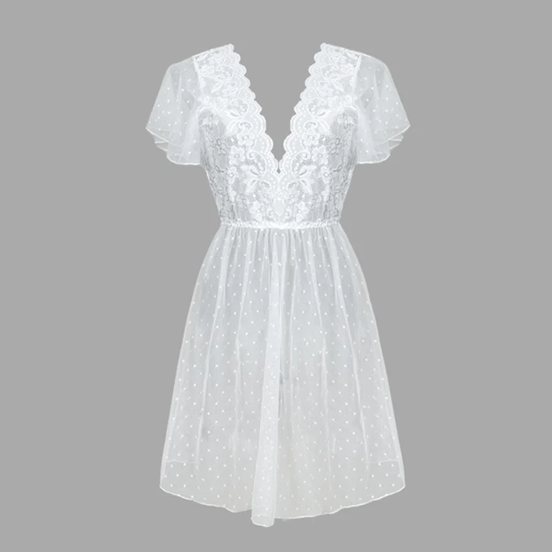 Sexy Lace Nightgown Polka Dot Pajama Dress Women's Sleepwear Deep V Short Sleeve Home Clothes Sexys Lingerie Fantasy Nightwear