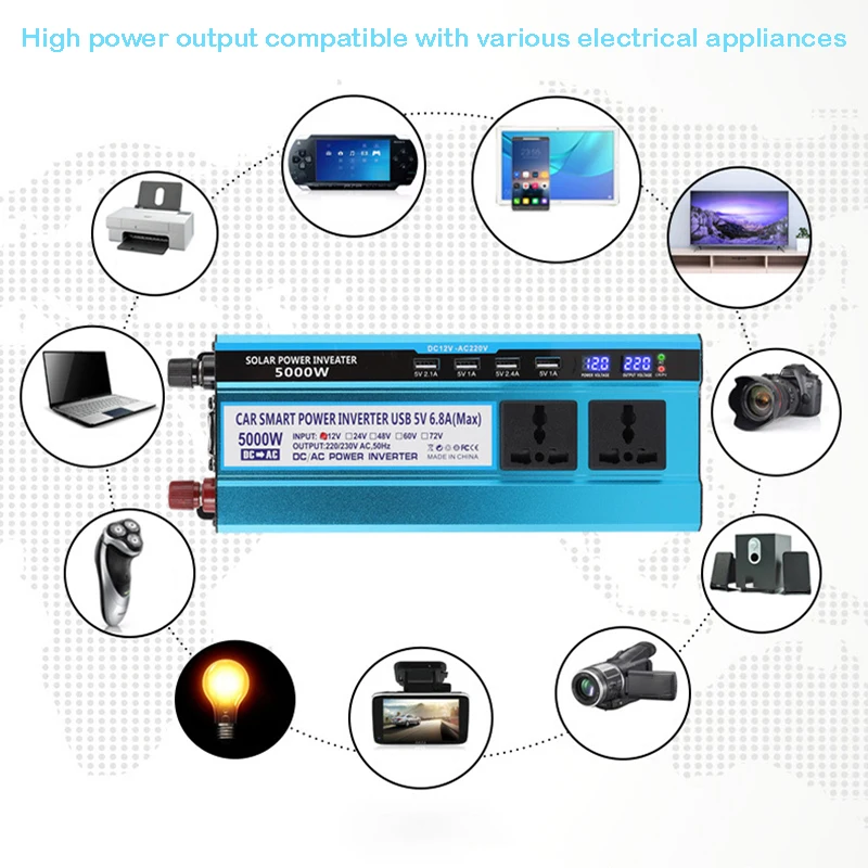 3000W/4000W/5000W Modified Sine Wave Inverter DC 12V to AC 220V Voltage Portable Vehicle Power Converter Adapter LCD Display solar hybrid inverter,car power inverter