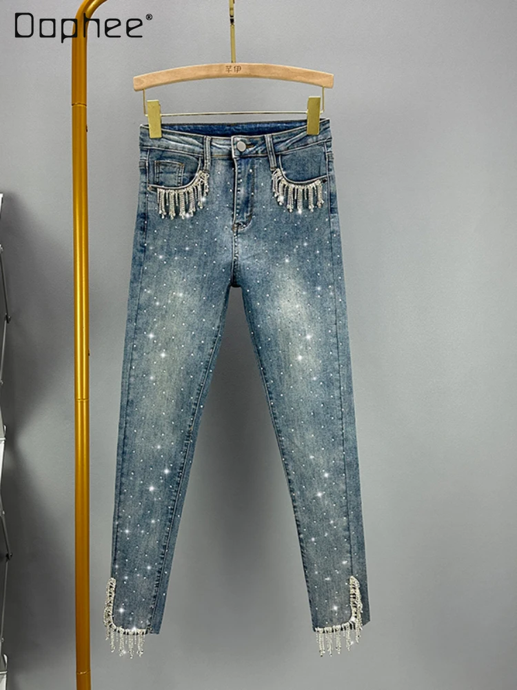 Summer Tassel Diamond Ankle-Length Jeans Woman 2023 New Women's Blue High Waist Slimming Rhinestone Tappered Denim Pencil Pants