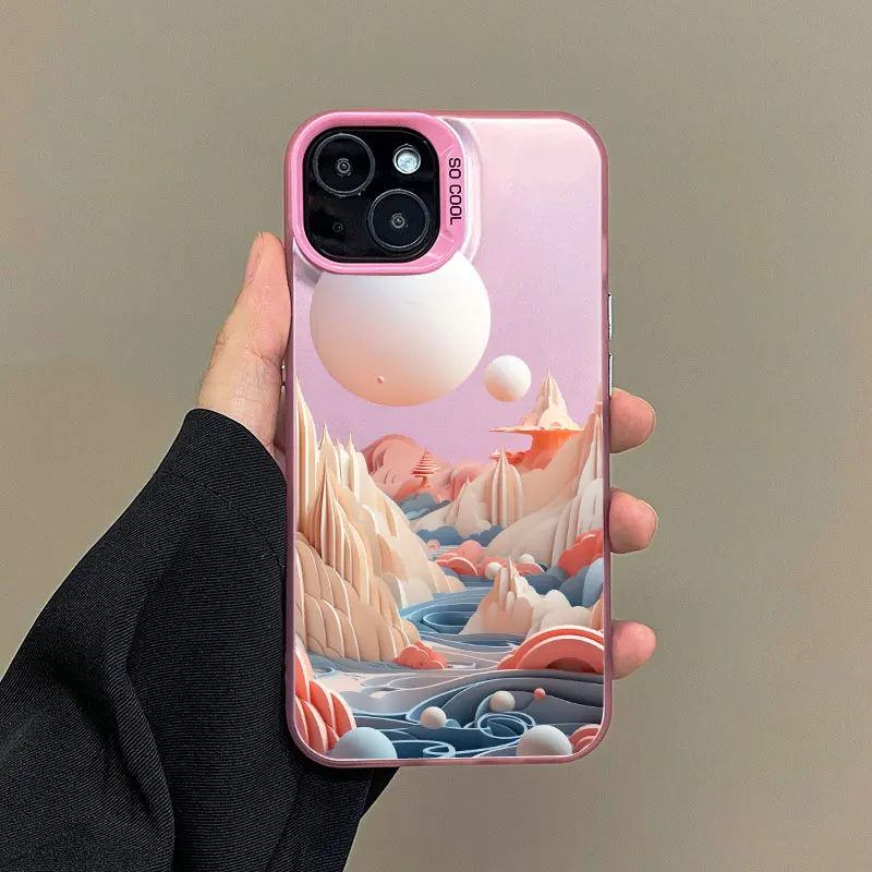 Creative Mountains Landscape Scenery Pink Shockproof Laser Phone Case