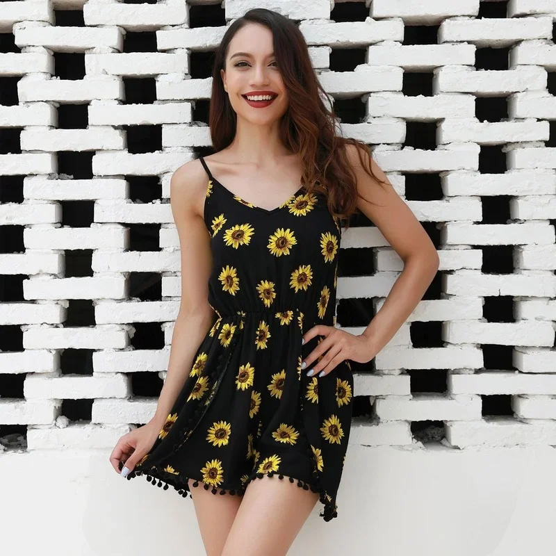 2024 New Print Floral Tassel Loose Jumpsuits Women Summer Casual Small Daisy Sexy Sling Female Slim Playsuits Boho Streetwears