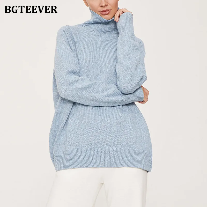 

BGTEEVER Autumn Winter Turtleneck Sweaters Women Elegant Blue Green Warm Knitwear Ladies Long Sleeve Knitted Pullovers Female