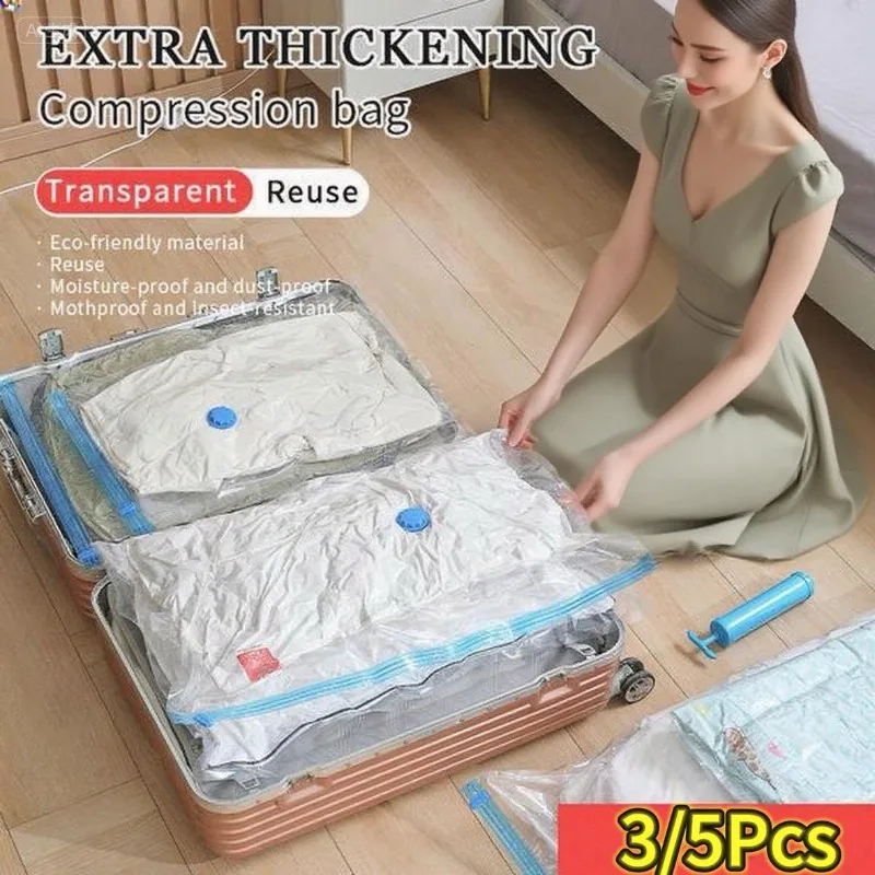 Novos sacos de armazenamento a vácuo de 3/5 pces para roupas, cama, sacos de poupança de espaço pacote de vedação a vácuo de armazenamento, saco organizador comprimido