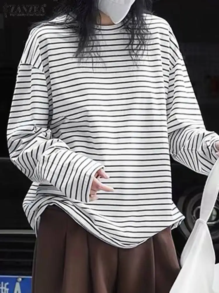 

ZANZEA2024 Spring Women Blouse Causal Striped Printed Street Colorblock Long Sleeve Shirt Round Neck Oversize Tops Korean Tunic