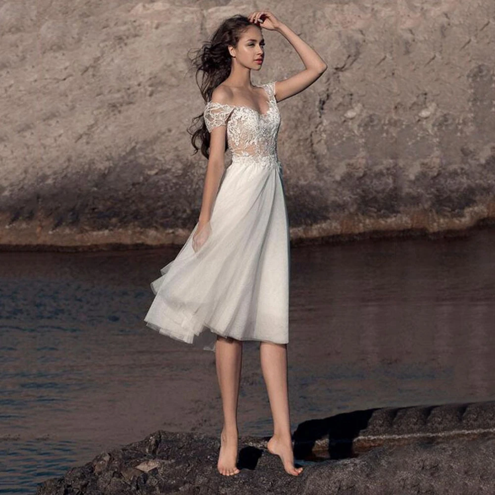 

POMUSE V Neck Wedding Dresses A-Line Knee Length Tulle Lace Country Wedding Bride Gowns Custom Made Vestido De Novia for Women