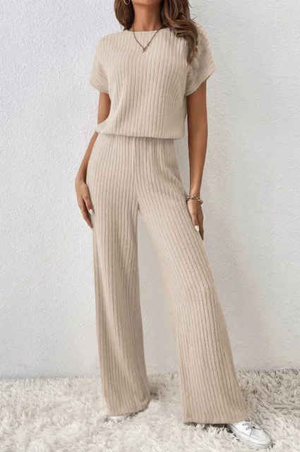 Simple Style Rib Knit Long Pants Suit Women Casual Short Sleeve T-shirt & Loose Trousers 2 Piece Sets Summer Autumn Women Set 1