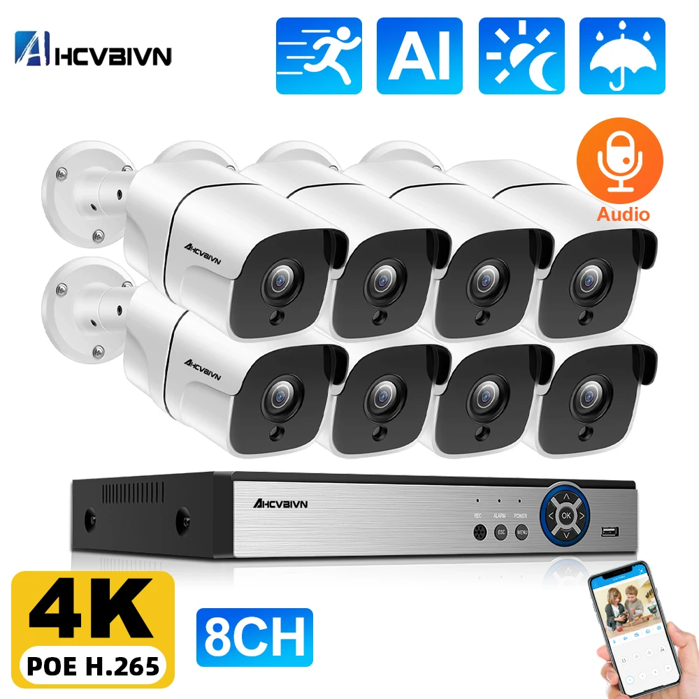 

Система видеонаблюдения AHCVBIVN 4K, наружная водонепроницаемая IP-камера, 8 каналов, POE, NVR, 8 Мп, POE, аудио, H.265