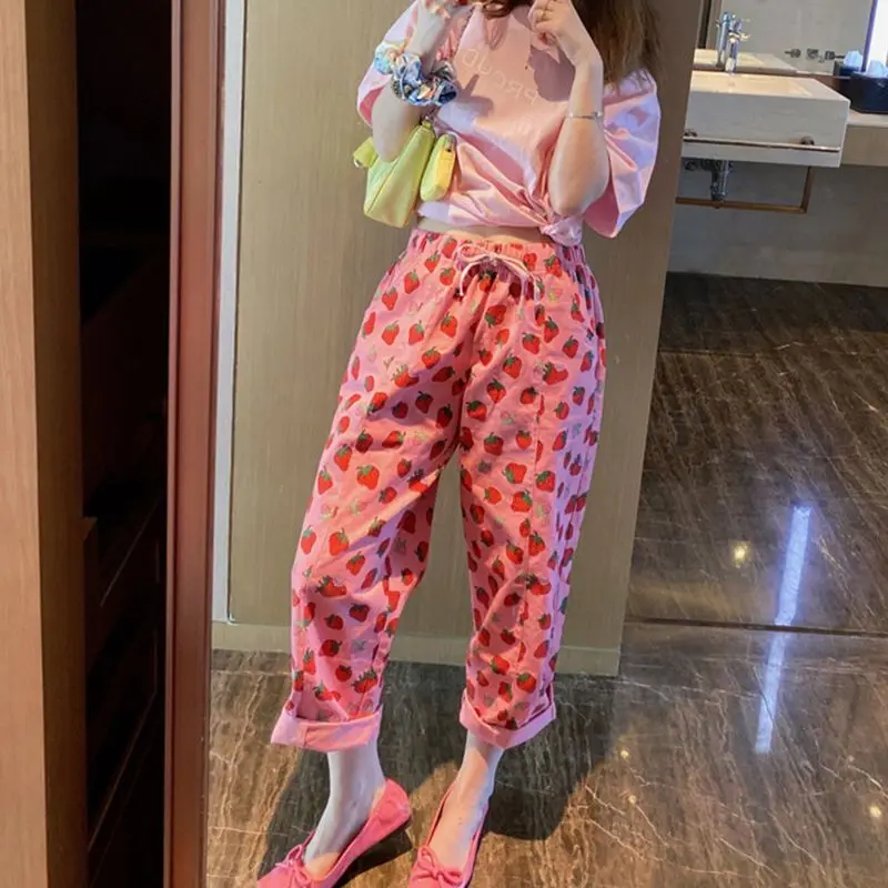 Harem Pants Strawberry Lace Up High Waist Pants Korean Fashion Lady Vintage Wide Leg 2024 New Women Streetwear Trousers