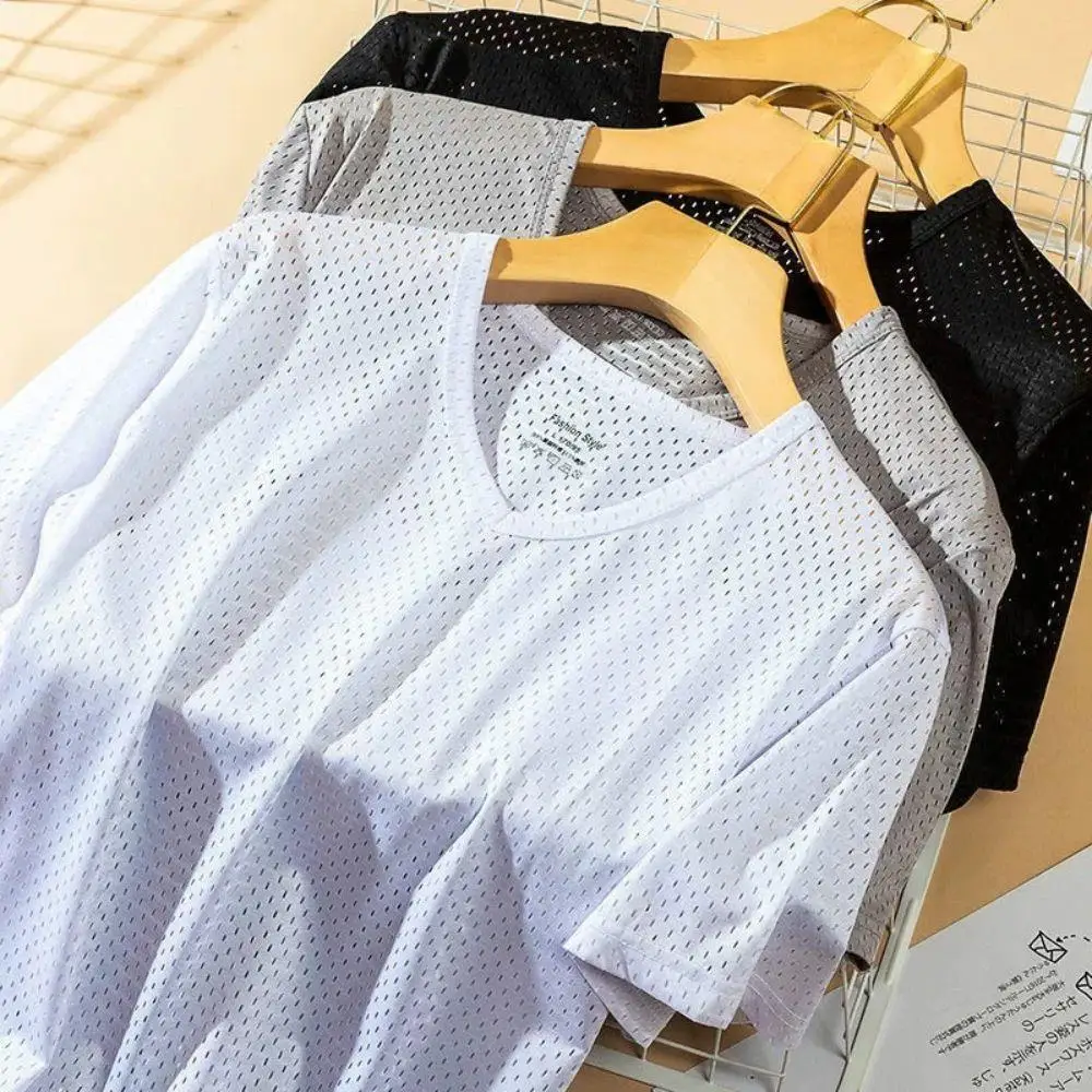 Men's Ice Silk Mesh Breathable T-Shirt Quick-Drying Short Sleeve Tee Sport Breathable Man Braces T-shirt Summer Man Clothes Top