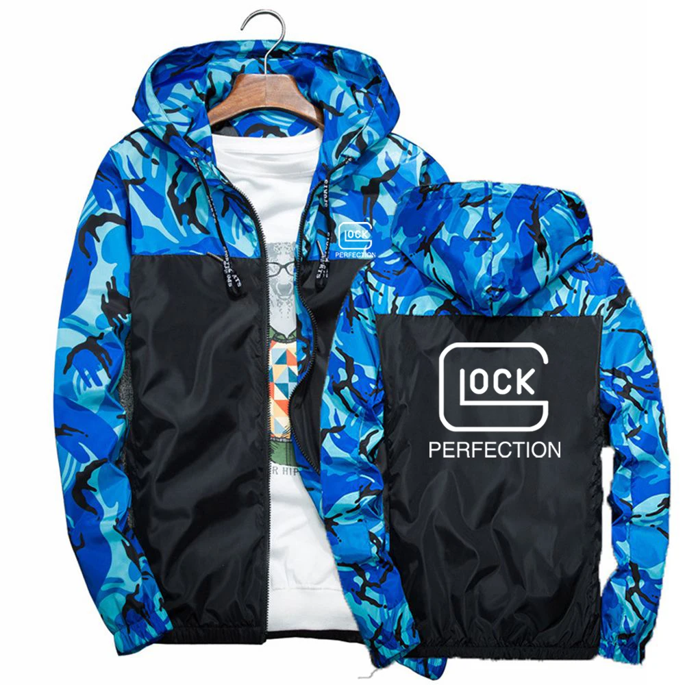 

Glock Perfection Shooting Printed Men's Hooded Patchwork Camouflage Jacket Spring Autumn Fashion Streetwear Windbreaker Coat