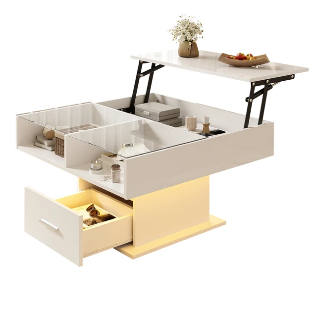 Table basse multifonctionnelle à plateau relevable, finition brillante, éclairage LED, hauteur réglable, grand rangement, table centrale moderne 100x50x42cm, structure stable, montage facile, salon, bureau, petit appartement, table à thé, meuble décoratif 1