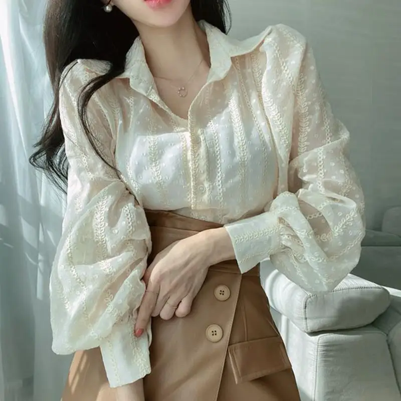 Korean Chic Autumn Elegant Graceful Lapel Heavy Industry Three-Dimensional Crochet Loose Micro Transparent Puff Sleeve Shirt Top