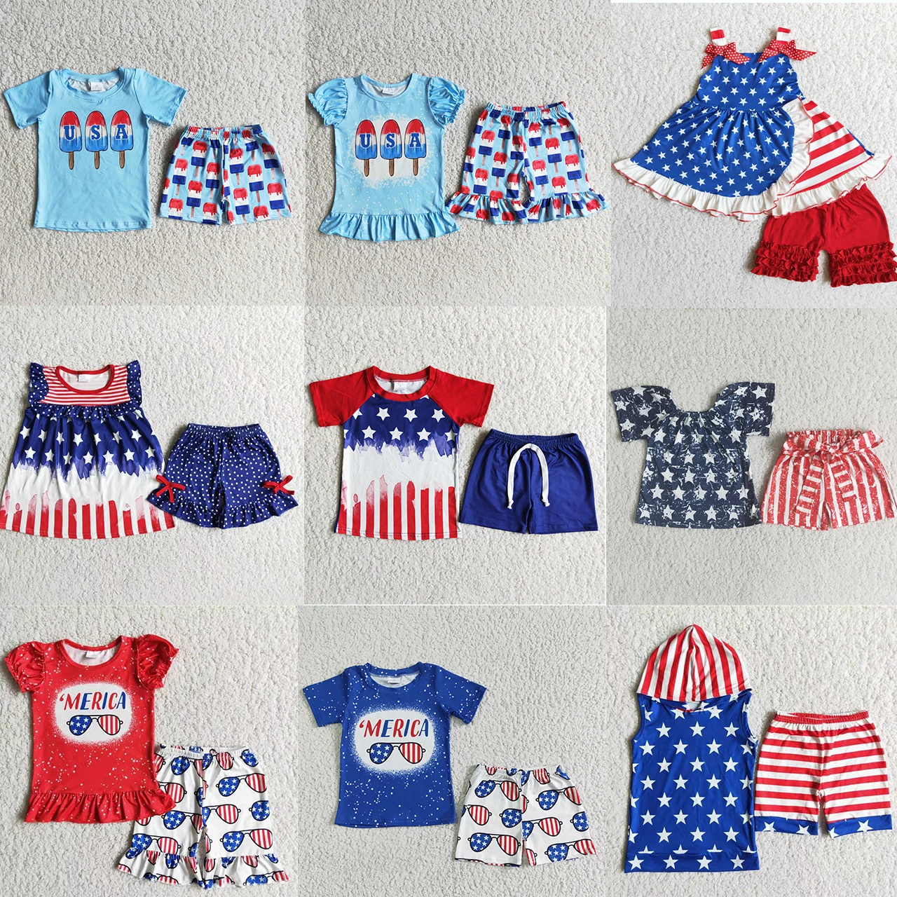 

Promotion Toddler Kid July 4th Summer Set Children Short Sleeves Shirt Tee Ruffle Shorts Baby Girl Star Striped Flag Outfit