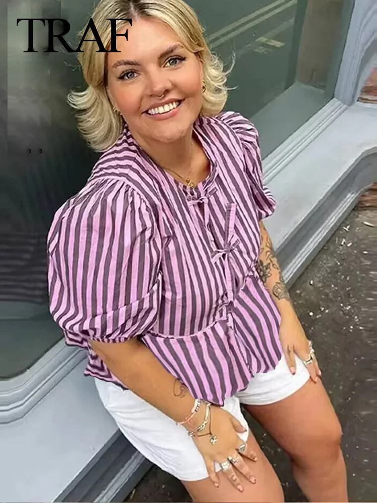 TRAFZA 2024 Summer Women's Blue Striped Cropped Tops Short Sleeve Puff Sleeves Lace Up O Neck Blouse Y2K T Shirts Elegant Style