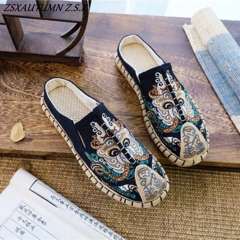 Old Beijing Cloth Shoes Chinese Style Trend Embroidery Linen Shoes Hand-made National Style Half Pack Head Slippers Loafers 3