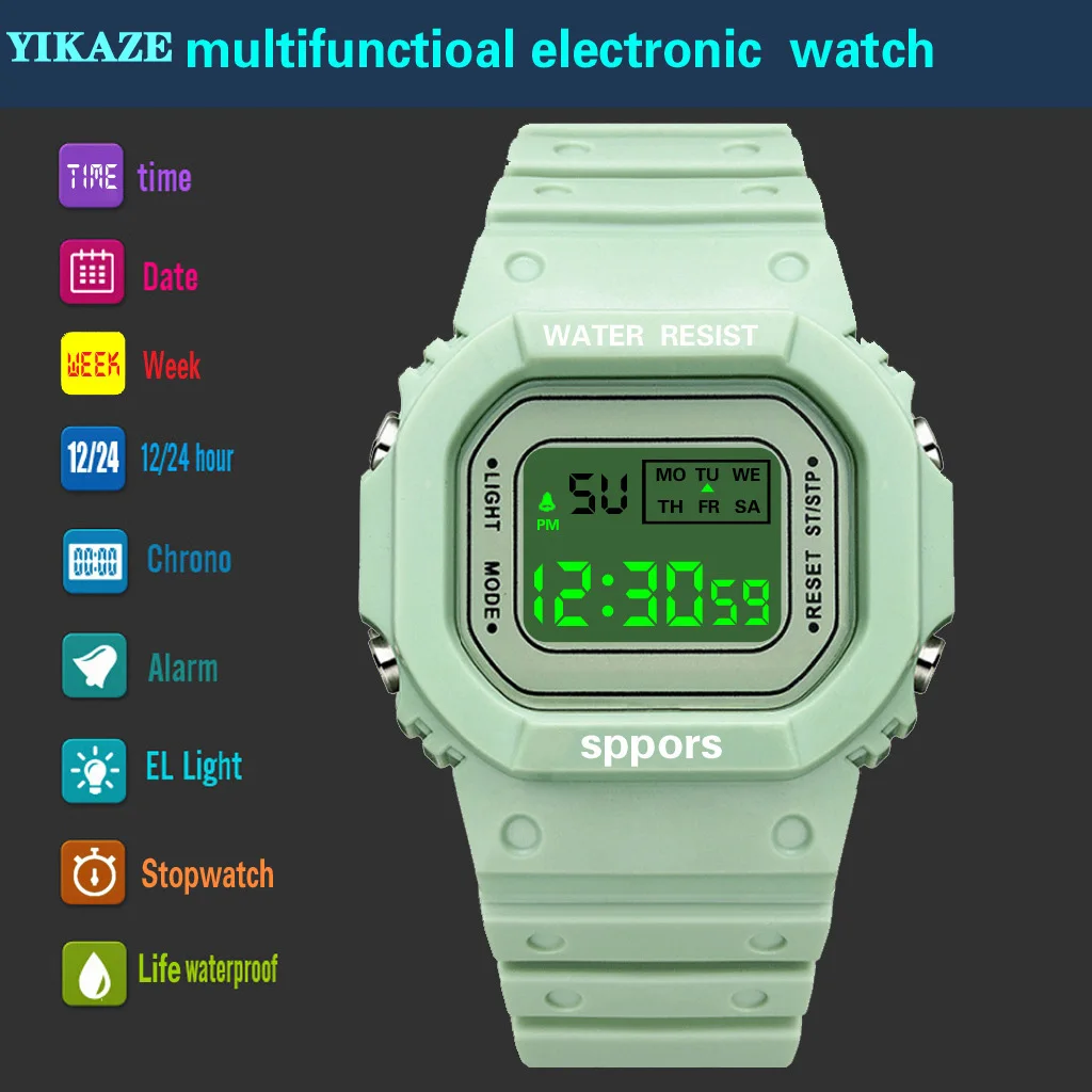 YIKAZE Sports Watch Boys Girls Student LED Electronic Watch Colorful Men Women Square Digital Watches Waterproof Rubber Clock 5